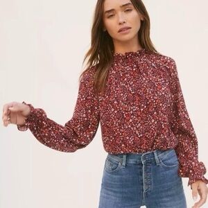 Reformation Theodora Red Floral Long Sleeve Smocked Top Blouse Size Medium